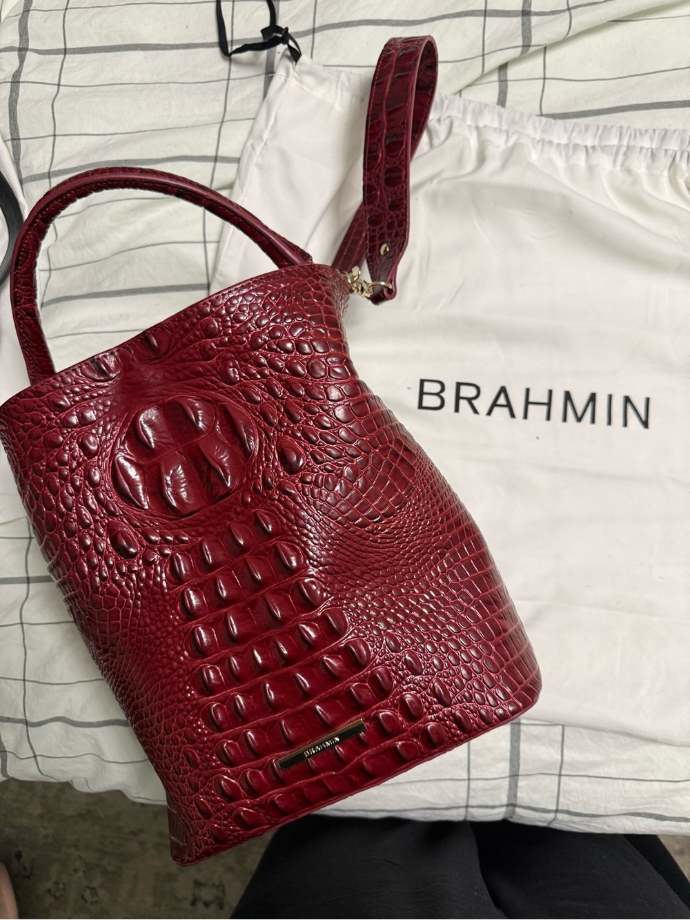 Brahmin Croc-Embossed Bucket Bag in Wine Red